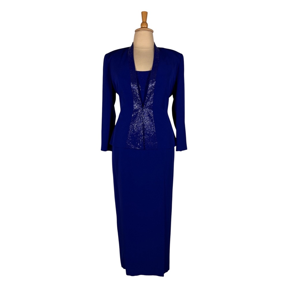 Vintage 90s Daymor Couture Royal Blue Jacket Dress Set 14 Mother of Bride Gown
